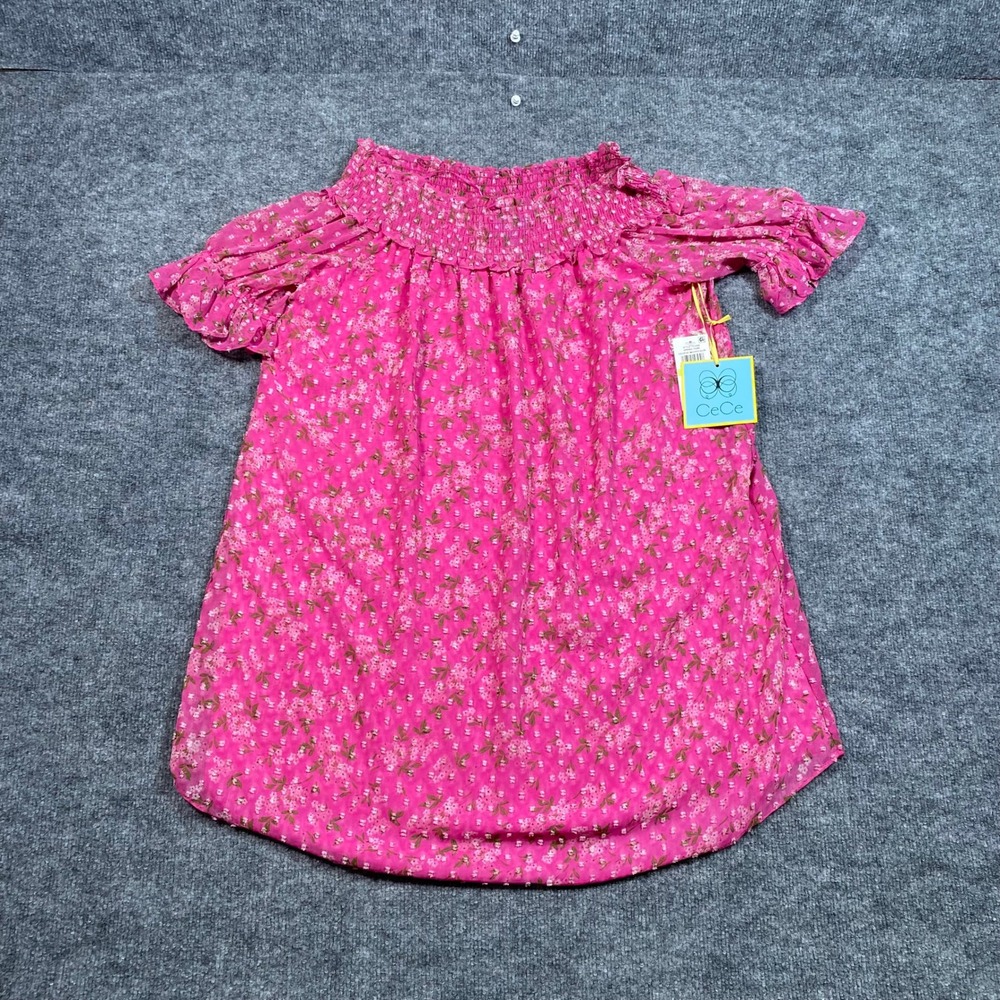 CeCe Magenta Glow Floral Clip Dot Smocked Off Shoulder Blouse 4 NEW 7022936